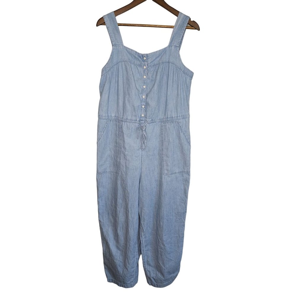 Old Navy Sleeveless Tie Waist Utility Jean Jumpsuit Size L Light Blue Cotton